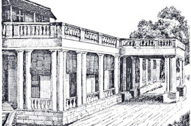 Drawing of Adyar Headquarters in 1884 by William Q. Judge, illustrating the historical background of the correspondence.