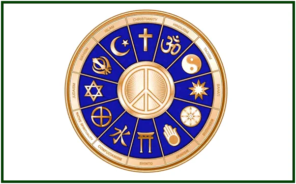 Vários símbolos religiosos mundiais dispostos e interligados em formato circular dentro de uma moldura.