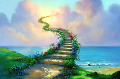 Uma pintura de uma escadaria de pedra adornada com flores coloridas que sobe em direção ao céu nublado e iluminado, à beira de um mar azul.