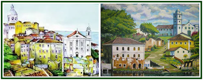 À esquerda, uma pintura de Lisboa e à direita, um quadro de Mário Augusto Machado (Morani), de Nova Friburgo, RJ, em moldura verde