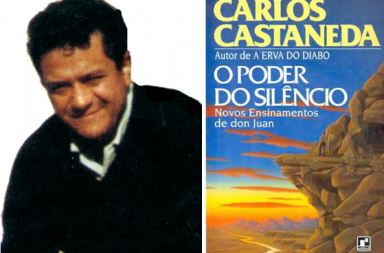 Foto de Castaneda quando jovem à esquerda e a capa do seu livro o Poder do Silêncio, à direita.