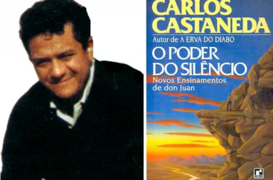 Foto de Castaneda quando jovem à esquerda e a capa do seu livro o Poder do Silêncio, à direita.