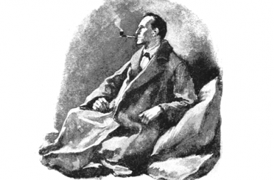 Silhueta clássica de Sherlock Holmes de perfil com cachimbo, ilustrando a filosofia de Sherlock Holmes.