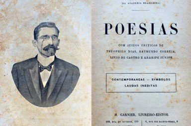 Páginas de abertura do livro Poesias de Augusto de Lima publicado em 1909, exibindo o retrato do autor na página esquerda.