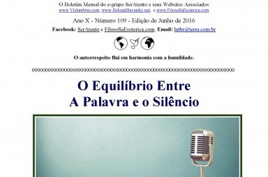Recorte da capa da publicação O Teosofista de junho de 2016 com uma moldura verde, destacando o título O Equilíbrio Entre A Palavra e o Silêncio acima da fotografia de um microfone antigo.