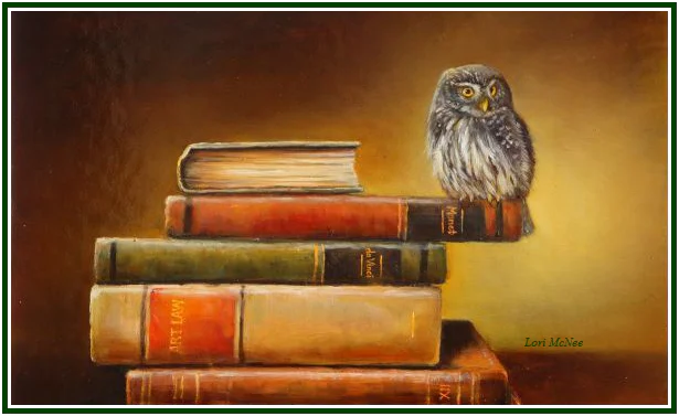 An oil painting of a small owl perched on a stack of classic vintage books with a warm background and a green border.