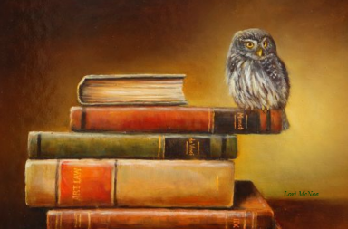 An oil painting of a small owl perched on a stack of classic vintage books with a warm background.