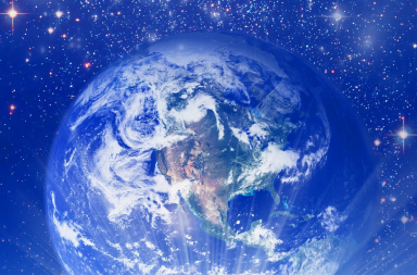 A view of planet Earth in cosmic space with a background filled with bright stars and a galaxy, enclosed in a green frame.