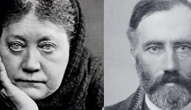 Two historical black and white portrait photographs side by side showing Helena Blavatsky on the left and William Quan Judge on the right.