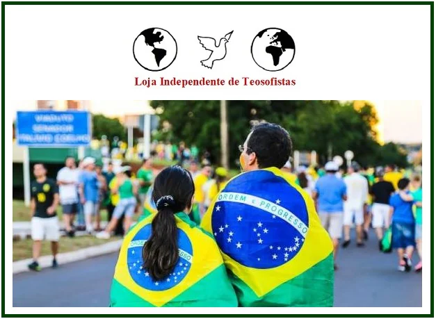 Casal a caminhar envolto pela bandeira do Brasil, sob o símbolo da Loja Independente de Teosofistas, uma pomba branca entre dois globos terrestres.