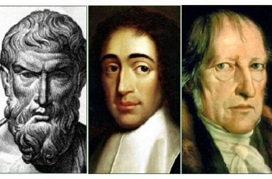 A horizontal layout containing three historical portraits showing Epicurus of Samos as an engraving on the left Baruch Spinoza in the center and G W F Hegel on the right.