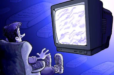 An illustration of a person being hypnotized while watching a screen, representing television hypnosis.