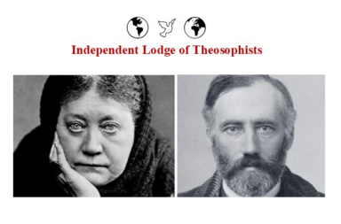 Two historical black and white portrait photographs side by side showing Helena Blavatsky on the left and William Quan Judge on the right under the red text Independent Lodge of Theosophists.