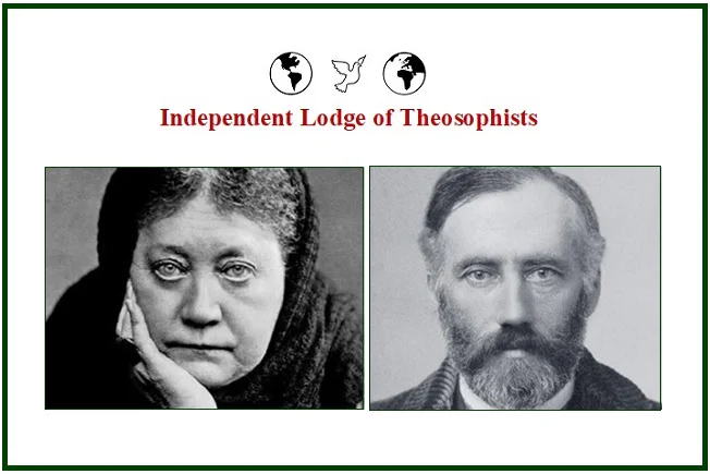 Two historical black and white portrait photographs side by side showing Helena Blavatsky on the left and William Quan Judge on the right under the red text Independent Lodge of Theosophists.