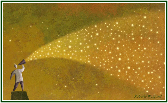 An artistic stylized illustration showing a human figure on a cliff speaking through a megaphone, from which emanates a golden beam of light filled with tiny glowing stars spreading across the sky.