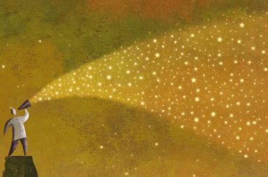 An artistic stylized illustration showing a human figure on a cliff speaking through a megaphone, from which emanates a golden beam of light filled with tiny glowing stars spreading across the sky.