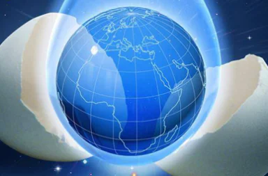 An artistic illustration showing a blue glowing planet Earth enclosed in a transparent sphere, emerging from a cracked white eggshell against a starry space background with a dark green border.