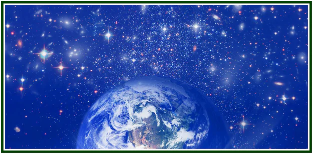A view of planet Earth in cosmic space with a background filled with bright stars and a galaxy, enclosed in a green frame.
