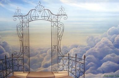 Uma pintura de um portal ornamental de ferro forjado sobre uma varanda suspensa no céu cercada por densas nuvens brancas e azuis com a assinatura de Jean-Louis Cohen no canto inferior direito.