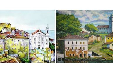 À esquerda, uma pintura de Lisboa e à direita, um quadro de Mário Augusto Machado (Morani), de Nova Friburgo, RJ.