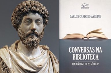 Busto de mármore do imperador romano Marco Aurélio ao lado da capa do livro Conversas na Biblioteca de Carlos Cardoso Aveline.