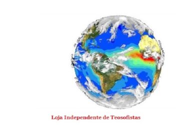 Globo terrestre com manchas de calor coloridas e nuvens sobre fundo branco, com a legenda Loja Independente de Teosofistas, ilustrando A História Secreta da Humanidade.