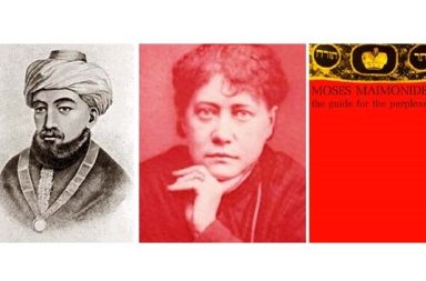 Moses Maimonides and Helena Blavatsky next to the book cover of The Guide for the Perplexed.