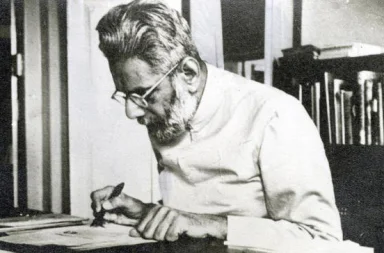 Historical photograph of B. P. Wadia writing at his desk, highlighting his legacy and warnings regarding the future of Adyar.