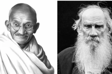 Portraits of Mahatma Gandhi on the left and Leo Tolstoy on the right, illustrating Tolstoy's Letter to a Hindu.