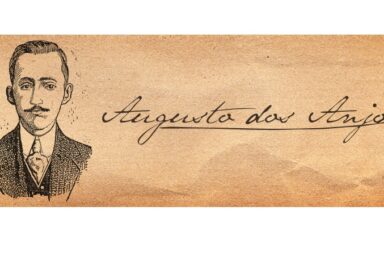 Retrato ilustrado de Augusto dos Anjos ao lado da sua assinatura manuscrita, para acompanhar o poema 'À Caridade'.