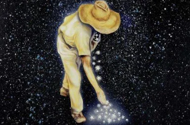 A painting of a star sower throwing light into the cosmos, symbolizing universal compassion for slanderers and all beings.