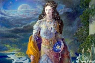 Pintura de deusa com galáxia azul na mão por Kinuko Y. Craft, no artigo Minha Filosofia.