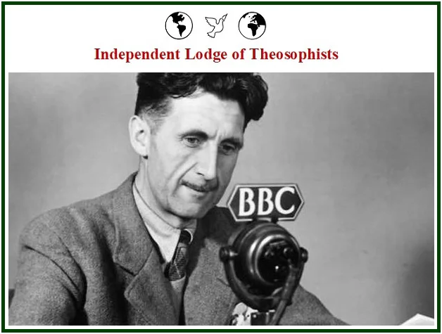 Black and white photograph of author George Orwell sitting in front of a BBC microphone.