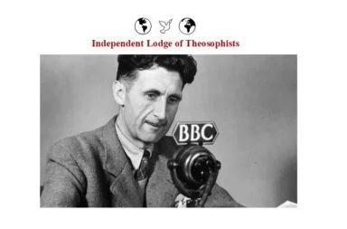 Black and white photograph of author George Orwell sitting in front of a BBC microphone.