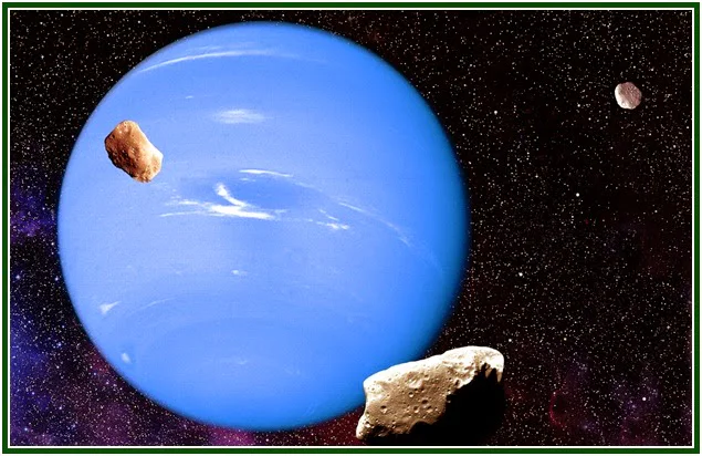 The blue planet Neptune with small moons in orbit against a starry space background, illustrating the essay on the mystery of Neptune.