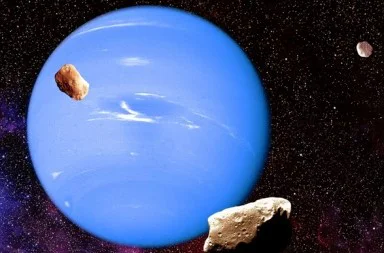 The blue planet Neptune with small moons in orbit against a starry space background, illustrating the essay on the mystery of Neptune.