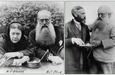 Retratos de Blavatsky com Olcott à esquerda, e William Judge com Olcott à direita, pioneiros do movimento teosófico.