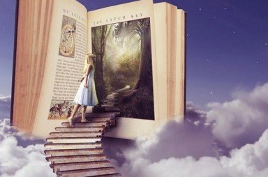 A surreal illustration of a staircase leading into a giant open book in the clouds, representing the esoteric books available.