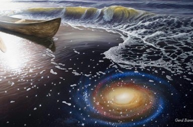 A painting by Gerd Bannuscher showing a wooden canoe on a mystical sea shore reflecting a spiral galaxy in the water, illustrating The Draft of a Prayer.