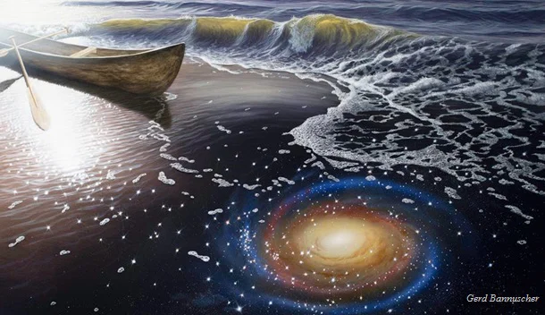 A painting by Gerd Bannuscher showing a wooden canoe on a mystical sea shore reflecting a spiral galaxy in the water, illustrating The Draft of a Prayer.