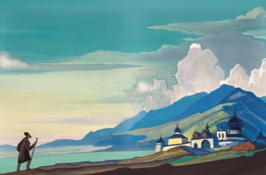 Pintura Pilgrim of the Radiant City de Nicholas Roerich, mostrando um peregrino a caminhar em direção a uma cidade iluminada e radiante nas montanhas.