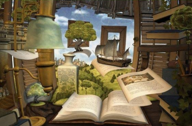 Ilustração surrealista de um livro aberto cujas páginas flutuam e dão vida a uma paisagem com árvores, um barco antigo e elementos de estudo esotérico.