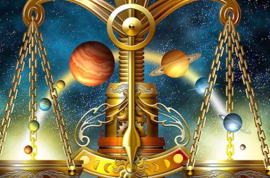 Ilustração digital de Ciro Marchetti de uma balança dourada no espaço sideral com planetas, ilustrando a magia branca e o equilíbrio cósmico.