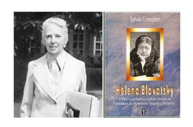 Retrato de Sylvia Cranston ao lado da capa do seu livro sobre Blavatsky, ilustrando o artigo sobre a escola esotérica.