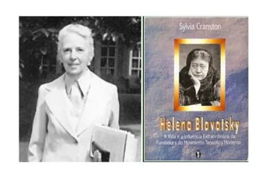 Retrato de Sylvia Cranston ao lado da capa do seu livro sobre Blavatsky, ilustrando o artigo sobre a escola esotérica.