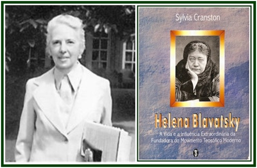 Retrato de Sylvia Cranston ao lado da capa do seu livro sobre Blavatsky, ilustrando o artigo sobre a escola esotérica.