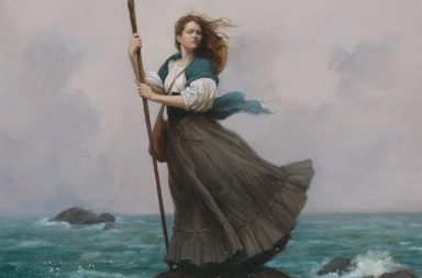 Mulher com bastão diante do mar, ilustrando Mestre Silêncio de Hermes Fontes.