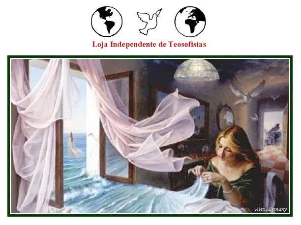 Pintura de Alex Alemany de mulher costurando lençol que vira mar sob o logótipo da Loja Independente de Teosofistas com pombas.