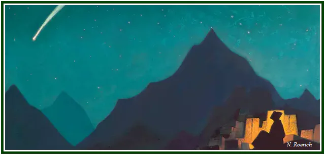 Pintura Estrela do Herói de Nicholas Roerich, mostrando um viajante solitário sob um céu noturno com um cometa brilhante sobre as montanhas.