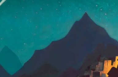 Pintura Estrela do Herói de Nicholas Roerich, mostrando um viajante solitário sob um céu noturno com um cometa brilhante sobre as montanhas.
